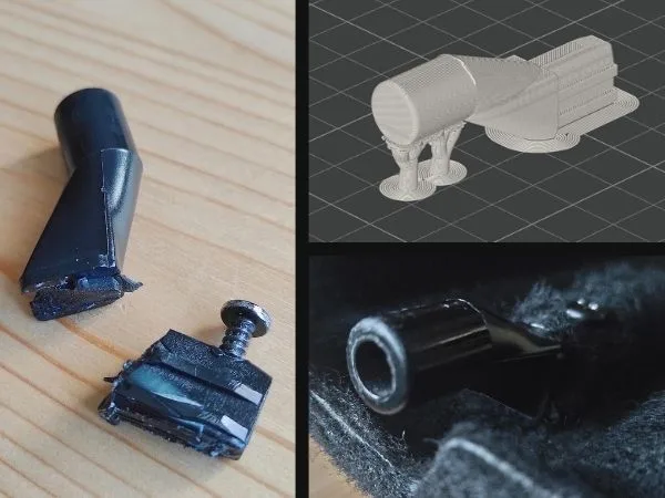 Koláž tří kroků opravy: prasklý plastový díl, jeho 3D model připravený k tisku a hotová replika na svém místě