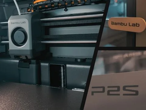 Koláž detailů 3D tiskárny Bambu Lab P2S: tisková hlava, logo výrobce a označení modelu
